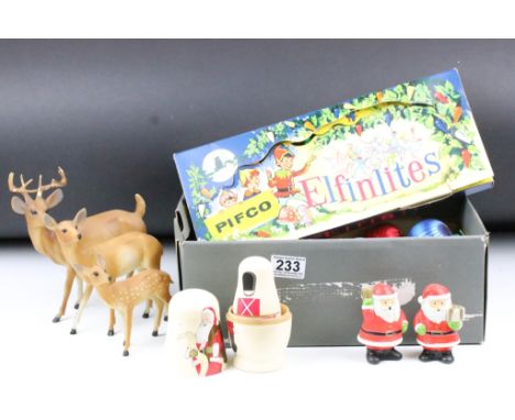 Collection of Christmas decorations to include Pifco ' Elfinlites ' vintage Christmas lights (boxed), Reindeer ornaments, Fat