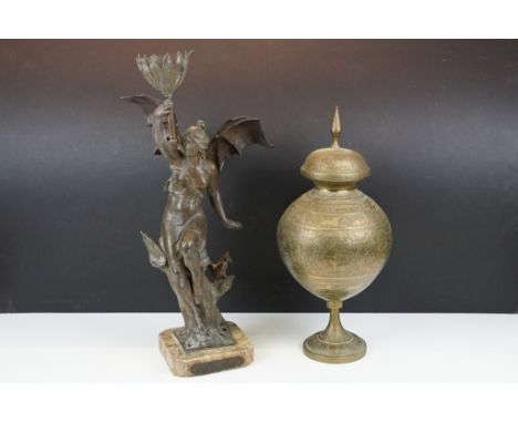 Bronze lamp base in the form of a lady with batwings holding a torch aloft, raised on a marble base with title plaque 'Sylphi