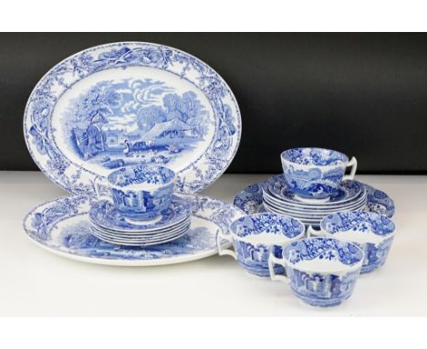 Copeland Spode Italian pattern blue &amp; white tea set to include 5 teacups, 6 tea saucers, coffee saucer, 6 tea plates &amp