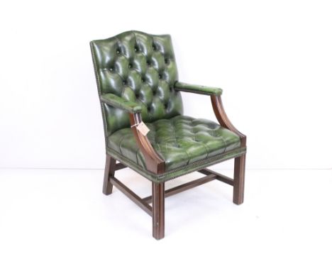 Green Leather Button Back Elbow Chair in the George III manner, 63cm wide x 61cm deep x 94cm high 