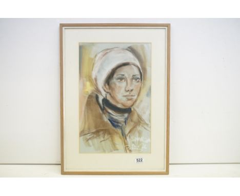 20th century Signed Pastel and Chalk Portrait of a Young Woman in outdoor attire, 47.5cm x 31cm 