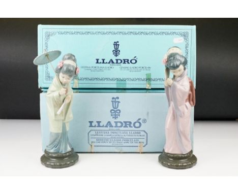 Two boxed Lladro porcelain Japanese lady figurines to include Japonesita Sombrilla (no. 4.988) and Japonesita Timida (no. 4.9