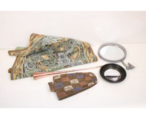 Group of mixed collectables to include a copper &amp; brass hunting horn (79.5cm long), French wall hanging with birds perche