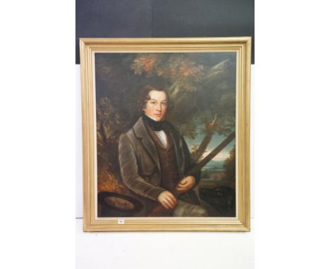 19th century English school oil on canvas portrait of a huntsman with his dog, hills in the distance, approx 102cm x 86cm, gi