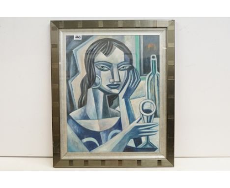 Cubist Oil Painting Portrait of a Woman enjoying a glass of wine, 60cm x 47cm 