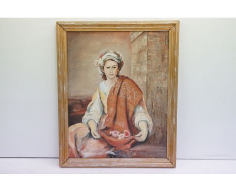 Continental School, three quarter length portrait of a woman, oil on canvas, 70 x 54cm, framed 