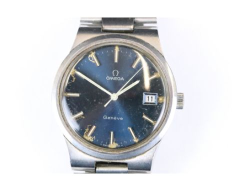 A vintage gents Omega Geneve wristwatch, blue dial, date function to 3 o'clock, original steel strap. 