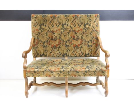 Louis XIV Continental Walnut Two Seater Open Sofa with a floral padded back and seat on scrolling legs joined by a waved stre