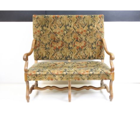 Louis XIV Continental Walnut Two Seater Open Sofa with a floral padded back and seat on scrolling legs joined by a waved stre