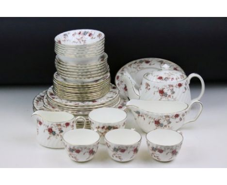 Minton Ancestral tea service comprising 12 cups and saucers, 12 side plates, 8 larger plates, 8 large plates, gravy jug, crea