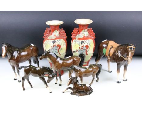 Group of ceramic horses to include a three Beswick horses with 2 white feet, a Beswick recumbent horse, Royal Doulton foal, a