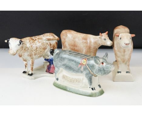 Three Rye Pottery animal figures to include 'Champion' pig (11cm high), Cow and Bull; plus a similar unmarked figure group of