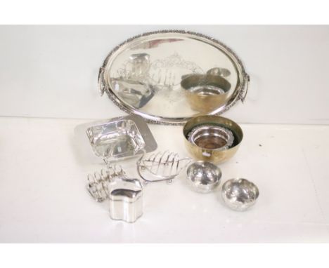 Mixed metal ware to include a silver plated twin-handled serving tray (53cm wide), novelty swan toast rack, a pair of Eastern