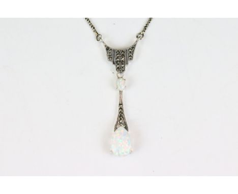 Silver Marcasite and Pear shaped Opal Drop Necklace 