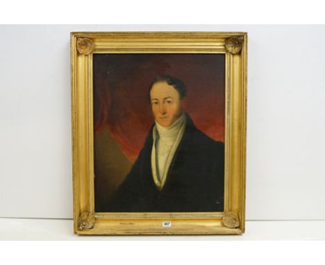 English School, head and shoulders portrait of a gentleman, oil on panel, 73.5 x 60cm, gilt framed 