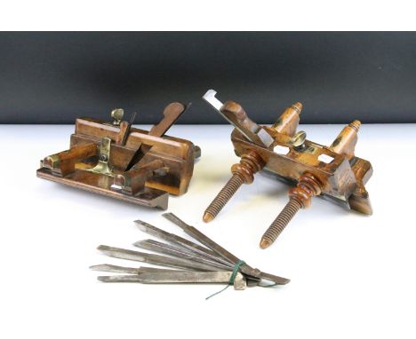Two vintage wooden planes with brass details, to include a plough plane and a screw-stem example. Widest approx 23cm
