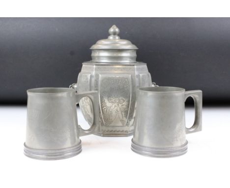 Chinese twin-handled pewter tea caddy &amp; cover of octagonal form, with a pair of tankards, each with chased dragon decorat
