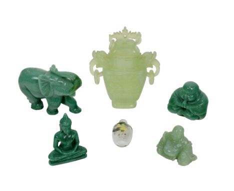 A collection of carved Jade Items, 20th Century and later, including Buddhas, Elephants, etc., as a lot. (6)