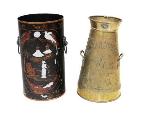 A brass Milk Churn, with two handles, inscribed 'Guaranteed Pure Milk, Skidmore &amp; Son, Makers, Bow," O.R.M., 41cms (16");