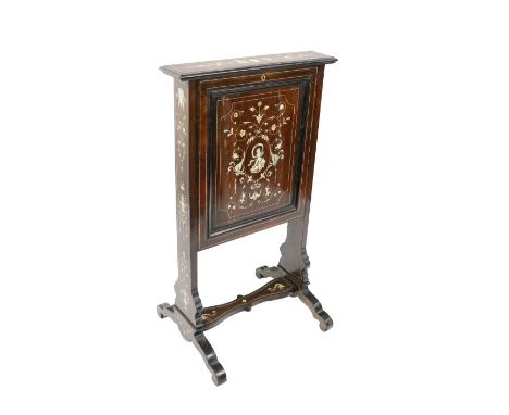 An Edwardian inlaid Secretaire Cheval Firescreen, profusely inlaid in the Neo Classical style, with female portraits, militar
