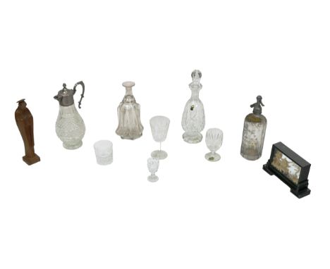 A collection of Drinking Glasses, comprising whisky, wine and sherry glasses; a silver plated top Claret Jug; a Syphon Decant