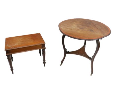 An Edwardian inlaid mahogany and satinwood banded drop leaf Table, with three demi-lune flaps raised on three shaped supports