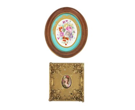 A French oval Miniature Portrait&nbsp;of "Marie Antoinette", on porcelain in ornate moulded gilt frame, 8cms (3"); together w