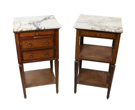 Two marble top Bedside Stands, with shelf stretchers on reeded tapering legs. (2)