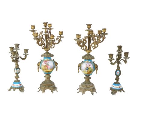 A pair of 19th Century French ormolu four branch five light Candelabra, each with bulbous porcelain hand painted body with or
