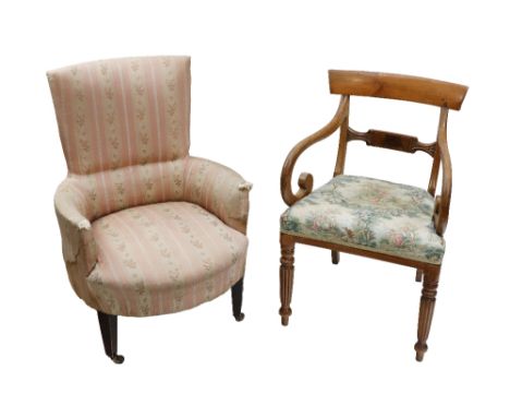 A William IV period mahogany Dining Room Armchair, with tapestry style seat and a small Tub Armchair, covered in striped pink