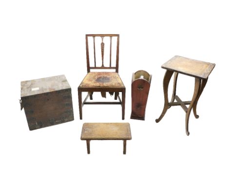 A square top carved wooden Occasional Table, a carved top Footstool, a similar design mahogany Hepplewhite Side Chair with dr