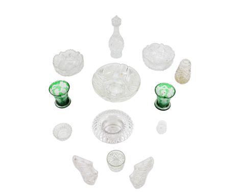 A pair of green ground etched Vases, decorated with grapes, three varied cutglass Fruit Bowls, a tubular Decanter and stopper