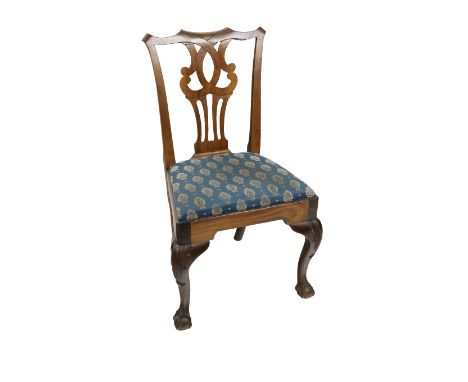 A 19th Century Chippendale style mahogany framed Side Chair, with shaped splat back above drop in seat covered in blue fabric