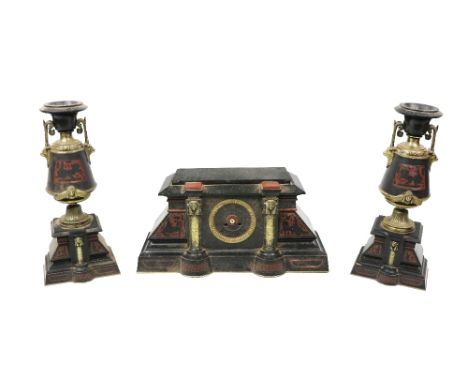 A very large Egyptian Revival Mantle Clock Garniture, the clock lacking movement and hands, with brass mounts, including the 