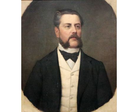 Late 19th Century (Probably American School)&nbsp; "Portrait of a Gentleman with black bow tie, cream waist coat and black ja