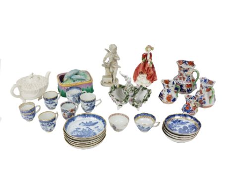 Porcelain: A shell decorated Belleek Teapot,&nbsp;a set of 4 graduating Mason Ironstone Jugs, a Majolica type Dish and Cover 