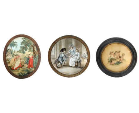 A 19th Century oval Needlework Print, depicting the rescue of Moses; an 18th Century Bartolozzi coloured Print in circular gi