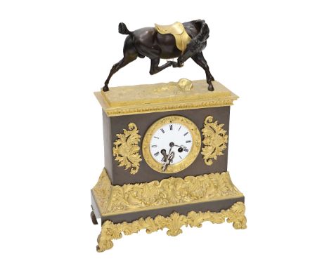 A French bronze and gilt bronze marble Clock, surmounted with a saddled horse above a circular enamel dial with Roman numeral