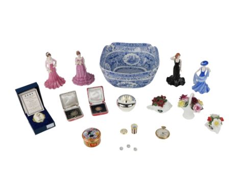 A Wedgwood Candle Holder, four miniature porcelain Figures of elegant Ladies, two miniature Ansley Figures, three Halcyon Day