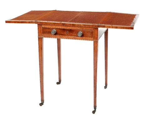 A Regency period mahogany square top fold-out Card Table, the top with satinwood string inlay, above single frieze drawer wit