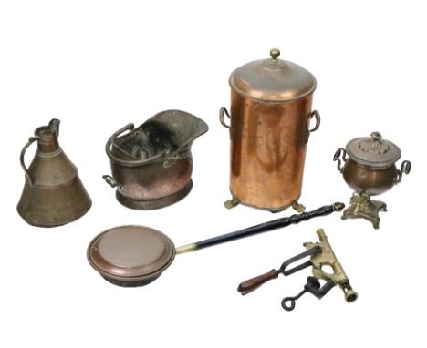 Brass and Copperware:&nbsp; A tall two handled brass Fuel Bin, with domed removable lid on paw feet, a helmet shaped Coat Scu