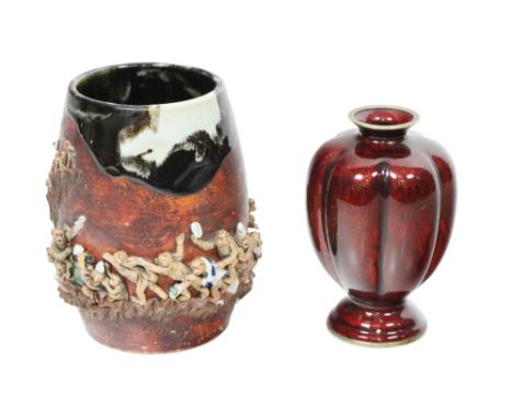 A fine Japanese Akasuke Ginbari Vase, in burgundy enamel of lobed form Meji period, 7 1/2" (19cms); together with a 20th Cent