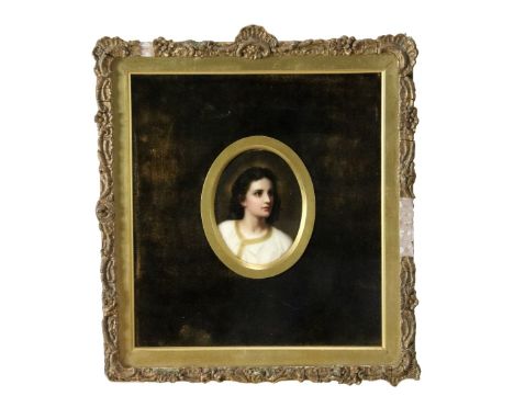 An attractive 19th Century oval miniature Portrait of young Woman, on porcelain, probably KPM Germany, in gilt frame, 4 1/2" 