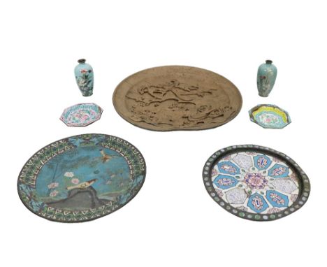 A circular Chinese cloisonné&nbsp;Plate, with birds and flowers, 12" (30cms); together with a pair of miniature cloisonné Vas