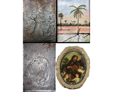 A pair of antique steel Engraving Plates, each depicting Saints, with engraved title, a Religious oval Print and one other, a