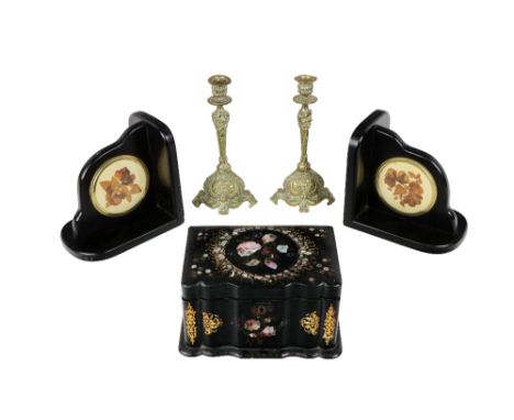 A Victorian papier mache Tea Caddy,&nbsp;inlaid with mother-o-pearl, the hinged top opening to reveal two lidded compartments