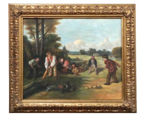 In the Style of Charles Hunt - 20th / 21st Century  "Boys Playing Cricket on a Lawn," O.O.C., 49cms x 60cms (19" x 24"). (1)
