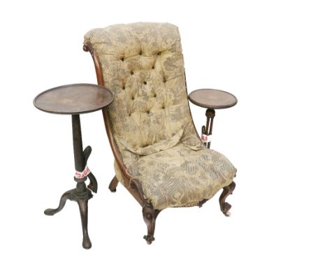 A Victorian mahogany framed Nursing Chair, with deep button back fabric (worn) on front carved cariole legs; together with a 