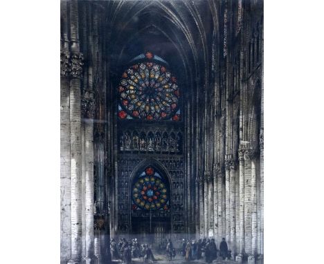 Camille Fonce, French (1867-1937) "Interior of Reimes Cathedral," coloured etching,&nbsp;signed&nbsp; 64cms x 50cms (25" x 20