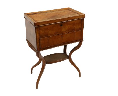 A 19th Century Biedermeier Tray, with lift top Ladies Writing Desk with two frieze drawers on a base with oval platform shelf